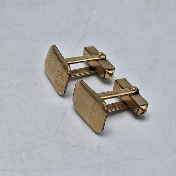 Vintage Gold Tone Cufflinks Rectangular Design Mid Century Engravable - Picture 2 of 4